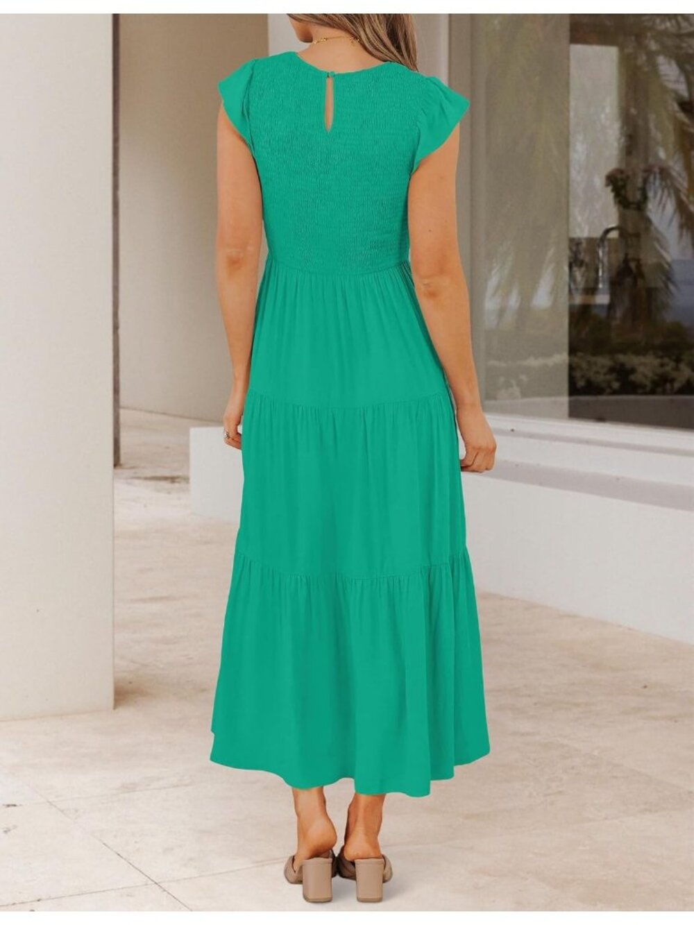 Women's Green Crew Neck Casual Classic Short Sleeve Outfits Pull On Midi Dresses - Picture 5 of 6